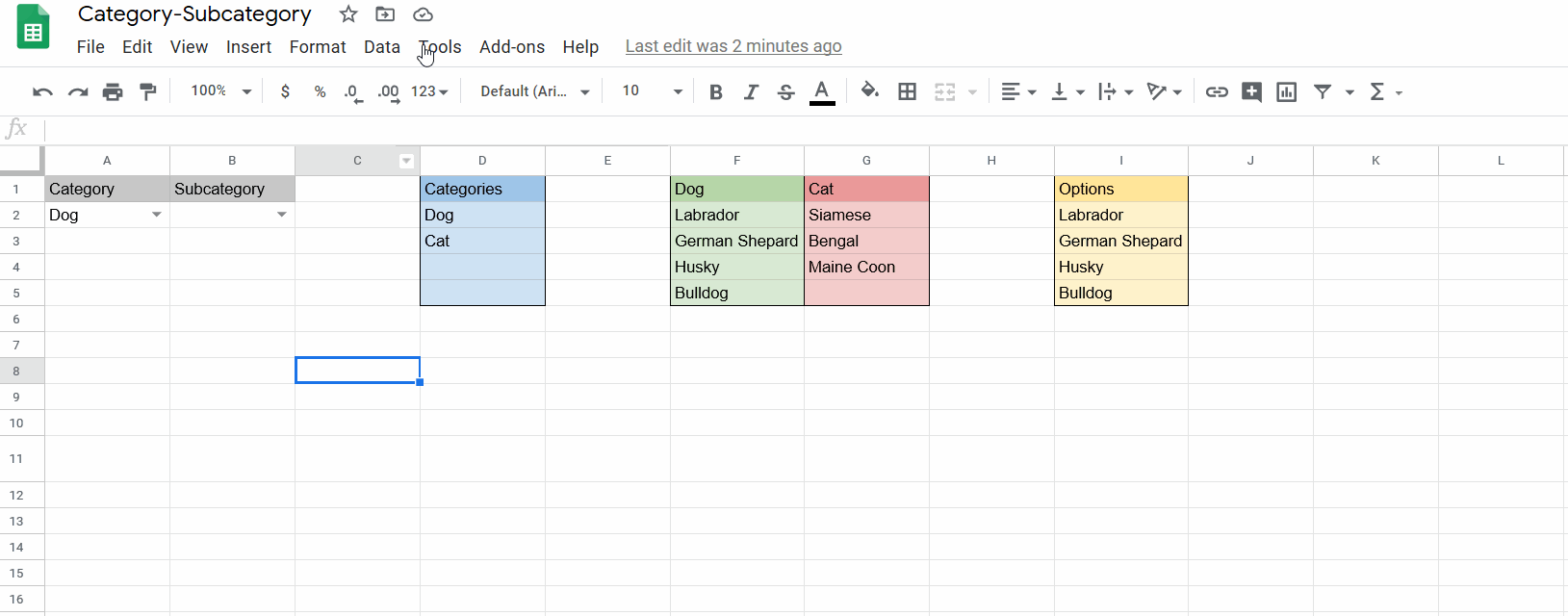 Subcategories In Google Sheets • Casual Inferences