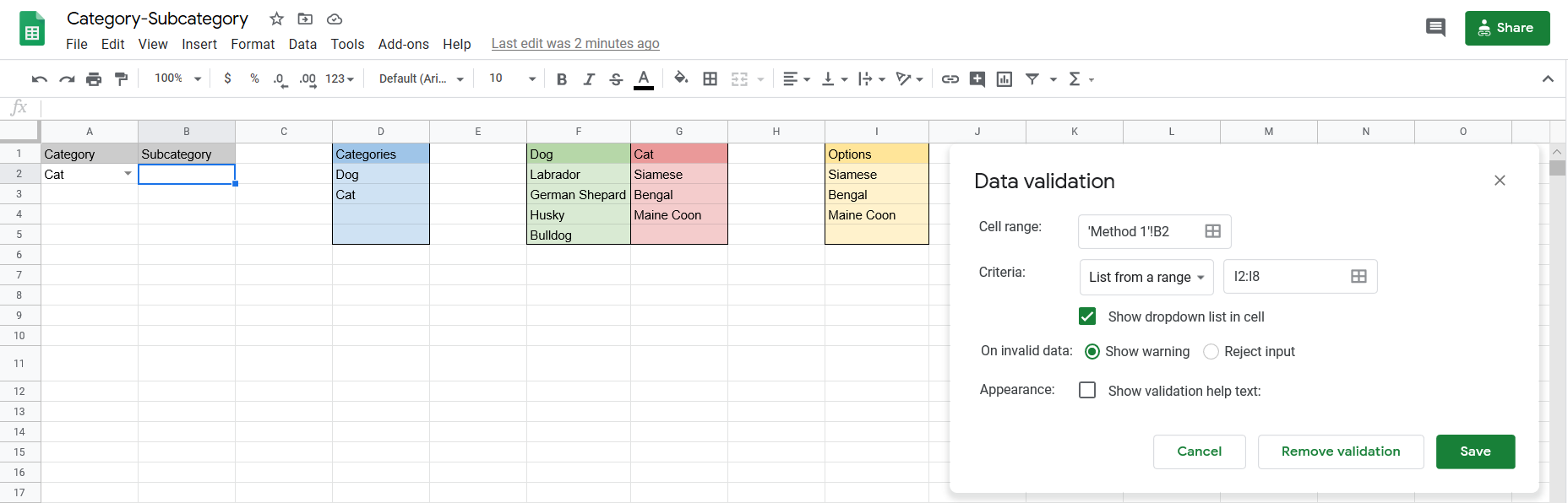 Excel Subcategories Chart